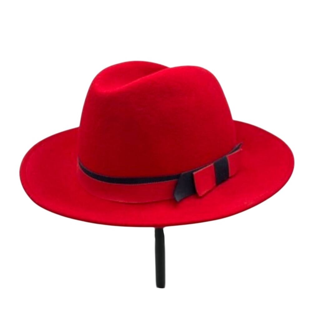 Vintage Lancaster Red Hat Wool Felt Wide Brim Fedora Navy Grosgrain Bow USA Made
